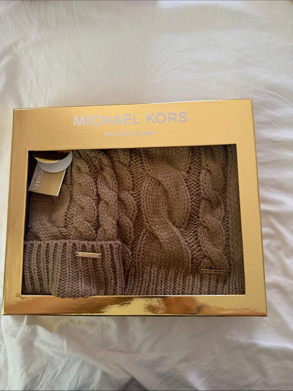 Michael Kors Brown Cable Knit Hat and Scarf Gift Set